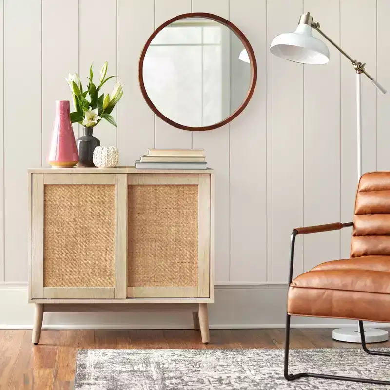 Rattan Sliding Door Buffet Natural - Mid-Century Modern Sideboard, Adjustable Shelves