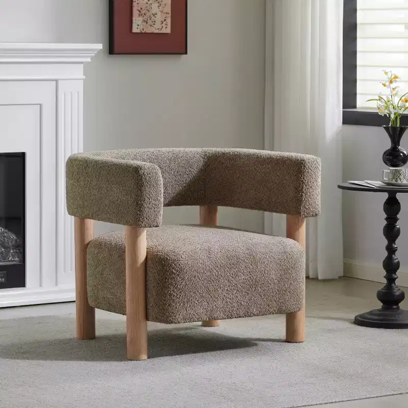 Christopher Knight Home Bram Rubberwood Boucle Upholstered Accent Arm Chair with Open Curved Back