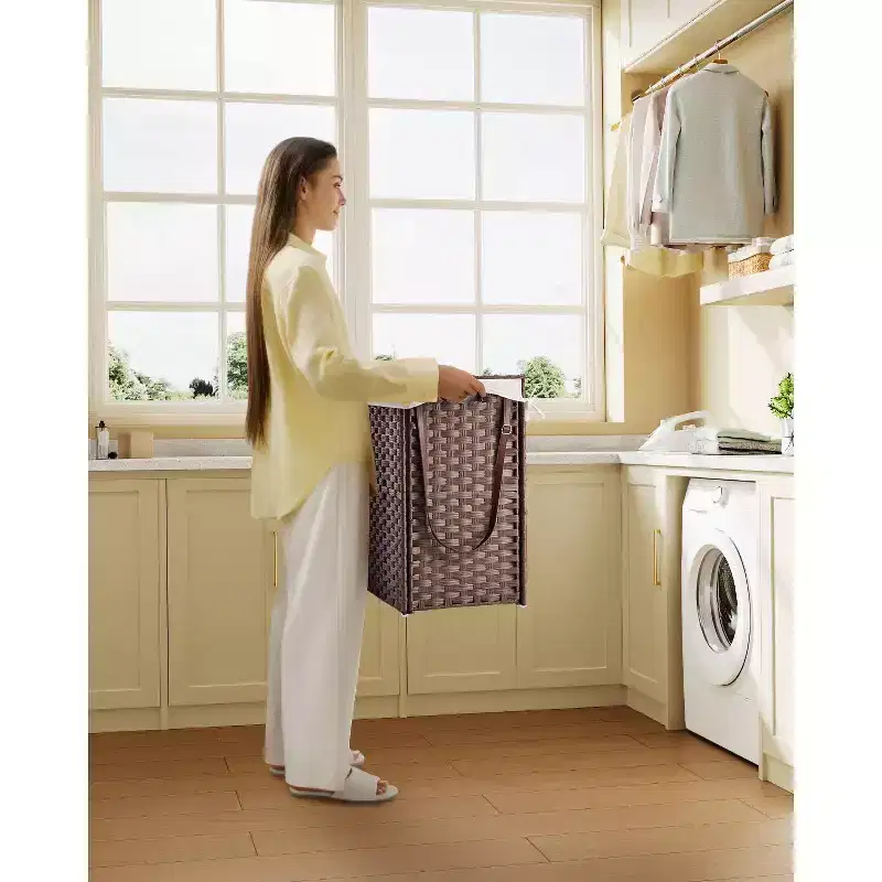 Greenstell Laundry Basket with Lid, Two Removable Inner Lining Bags, Two-compartment Garment Storage Basket