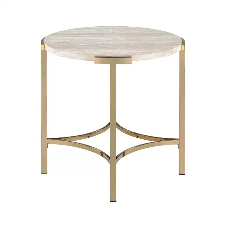 Modern Round End Table – Champagne Gold Legs & Faux Marble Top, 24x24 in