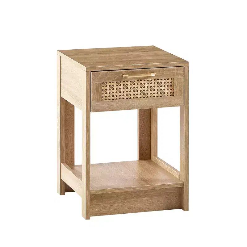 Nightstand with Rattan Drawer and Open Shelf, Bedside Table