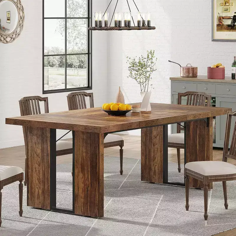 Rustic Wood Large Executive Desk Rectangular Dining Table, Long Modern Kitchen Dinner Table for Dining Room, Family Meals