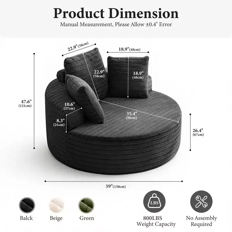 Oversized Round Sofa, Single Cloud Floor Sofa Chair with Deep Seat, No Assembly Required, Black