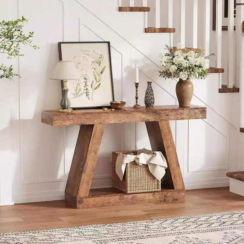Console Table with Open Shelf, 2-Tier Wooden Sofa Table for Entryway, Hallway & Living Room - Trapezium Design Entryway Furniture