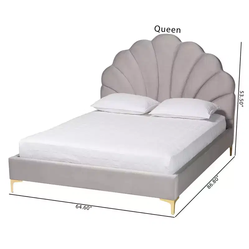 Baxton Studio Queen Size Acosta Velvet Seashell Headboard Platform Bed Light Gray/Gold