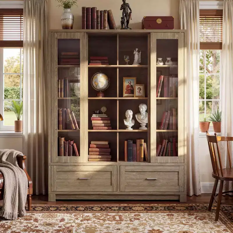Famapy Light Oak-Grain Display Bookcase: 63W,Sliding Glass Doors + Drawer Storage  Spacious Organizer for Home Libraries & Living Rooms