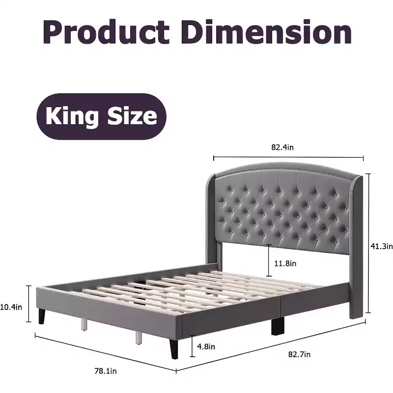 King Size Gray Modern Platform Bed with Diamond Stitch Headboard, Sturdy Slat Support No Box Spring Needed, Quiet and Easy Assembly