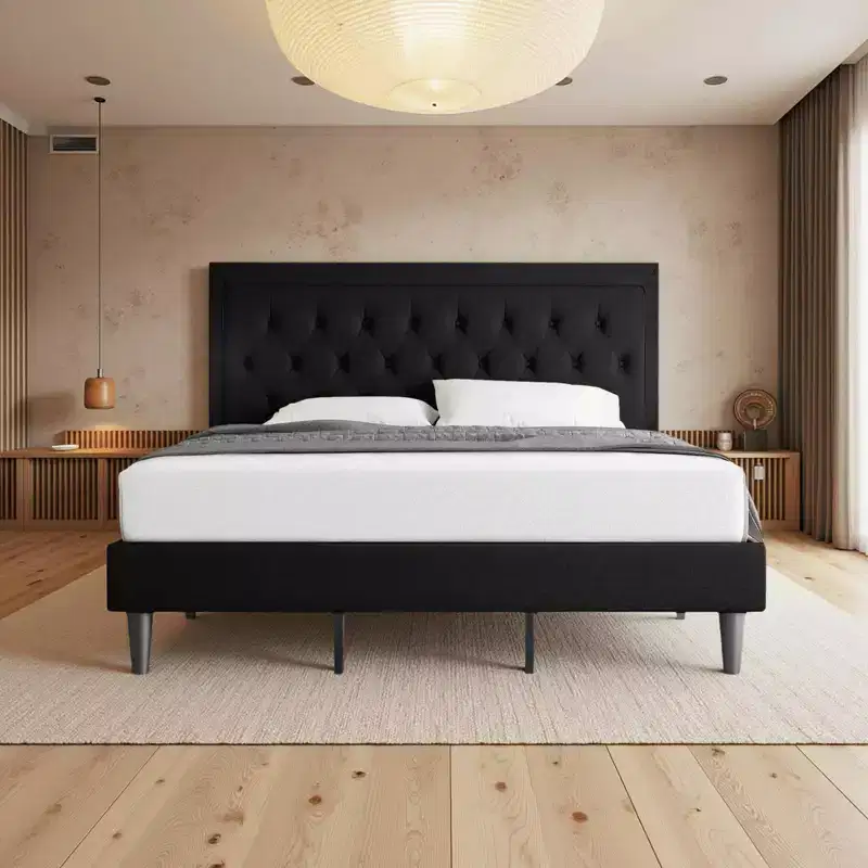 King Size Upholstered Platform Bed with Adjustable Headboard, Button Tufted, Slatted Base, Easy Assembly