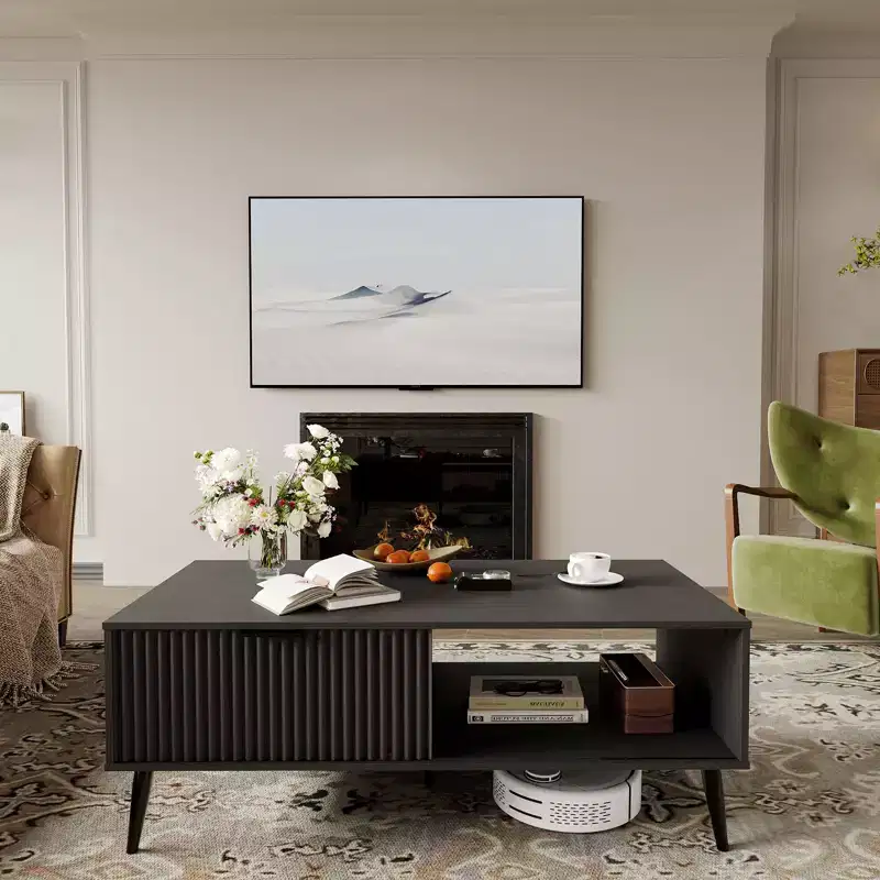 41.34 Wooden Coffee Table with Storage Cabinet, Two-Tier Design, Wave-Style Sliding Doors