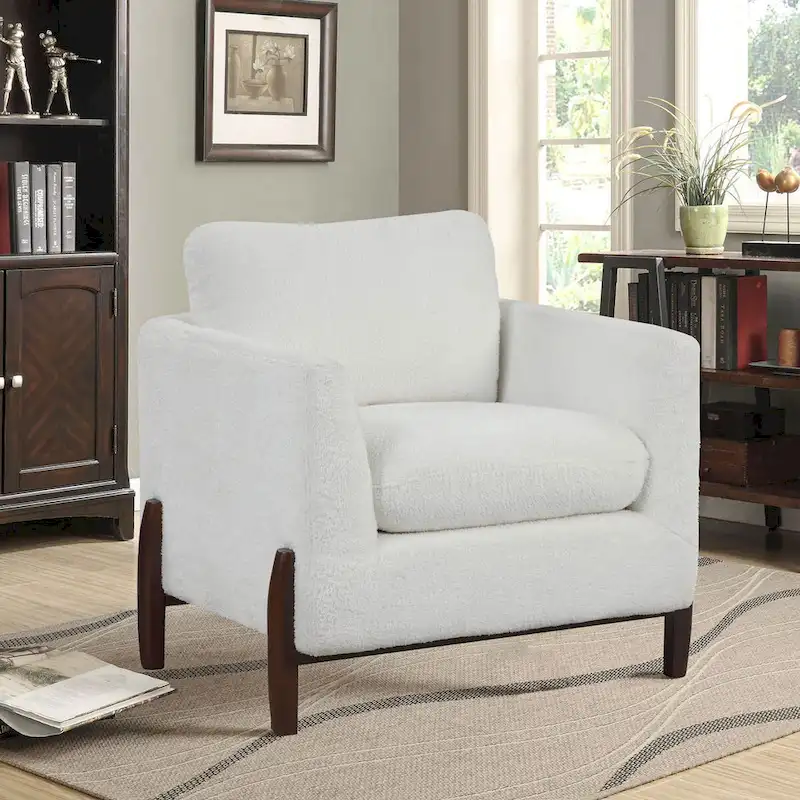 Boho Accent Arm Chair, Off-White Cream Fabric with High-Density Foam and Black Wood Legs