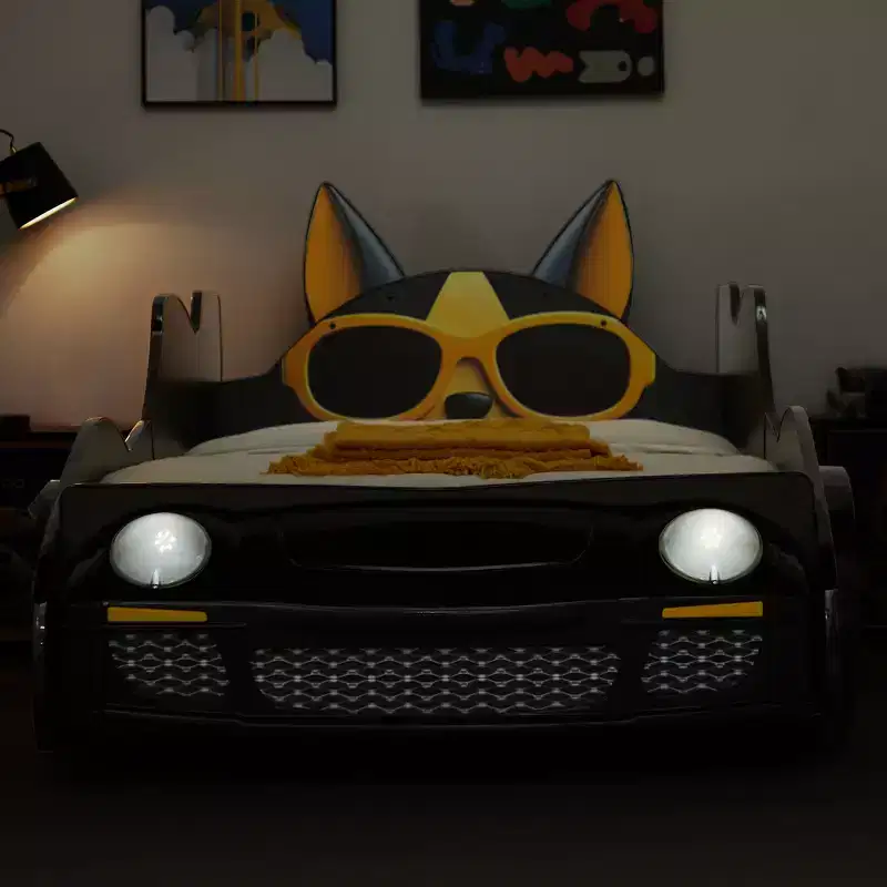 GDFStudio Fauna Twin Size Modern Cartoon Racing Car Bed with LED Headlights