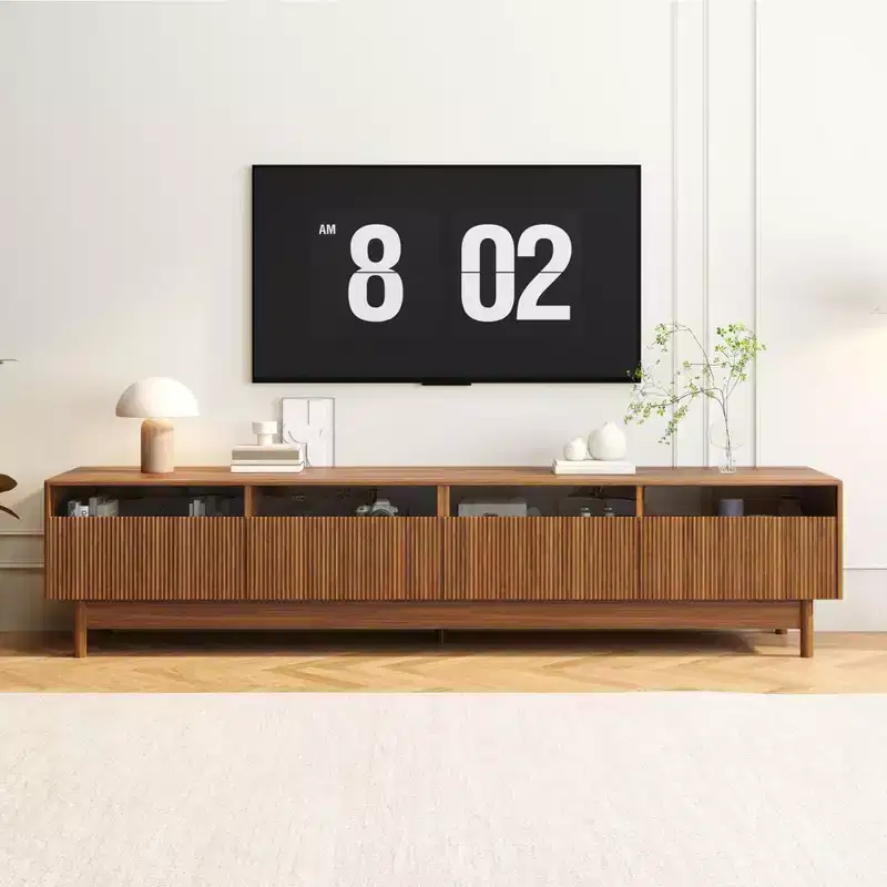Modern TV Stand For TVs Up to 85, Wooden Entertainment Center with 4 Drawers, Fluted Media Console Table for Bedroom, Living Room