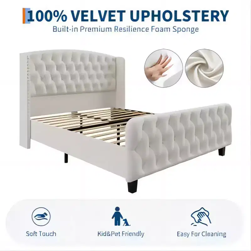 Diamond Button High-Back Upholstered Bed, Modern High Platform Bed Frame, Solid Wood with Soft and Comfortable Sponge Velvet, Bedroom Furniture