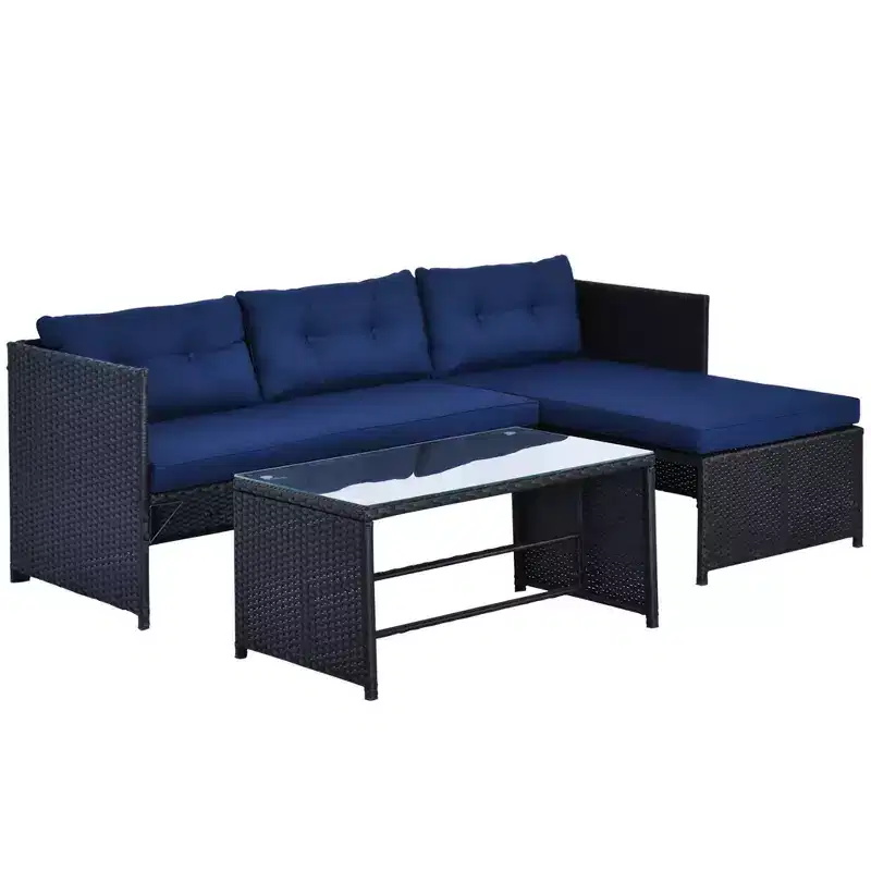 Outsunny 3 Piece Patio Furniture Set, Rattan Outdoor Sofa Set with Chaise Lounge & Loveseat, Soft Cushions, Table, L-Shaped Sectional Couch