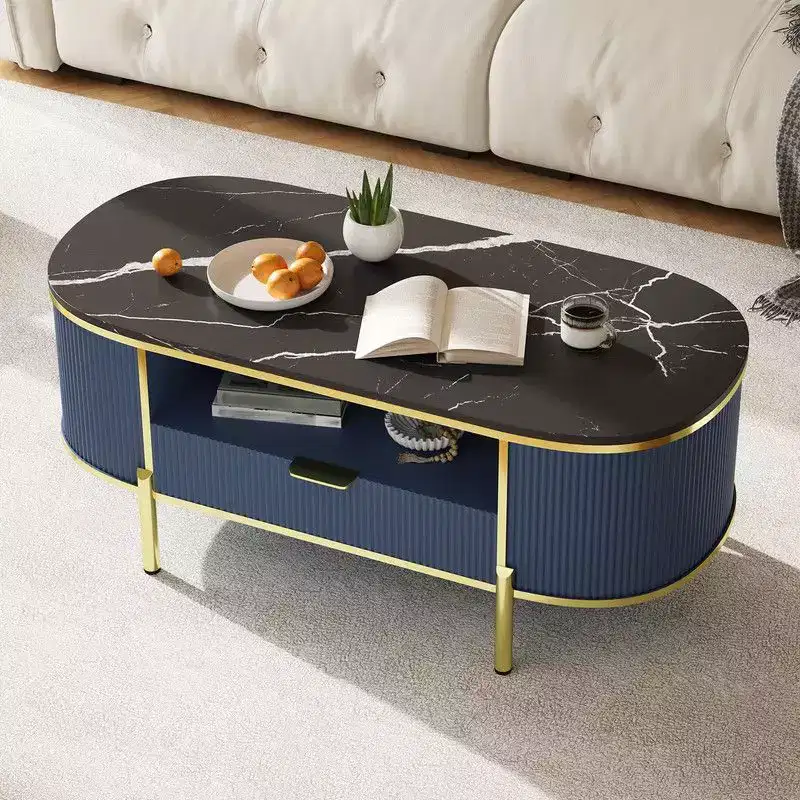 Blue, Oval Coffee Table with Drawer & Shelf, Seats 1