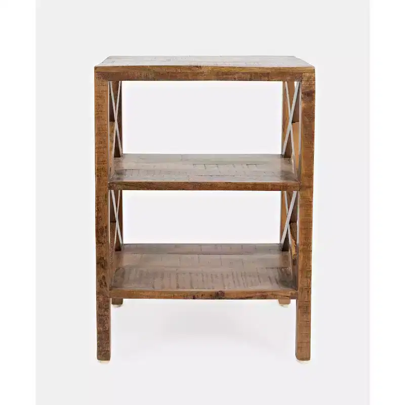 Jofran,Global Archive Solid Wood Rustic Modern X-Side Accent table with Two Shelves- Gold Color