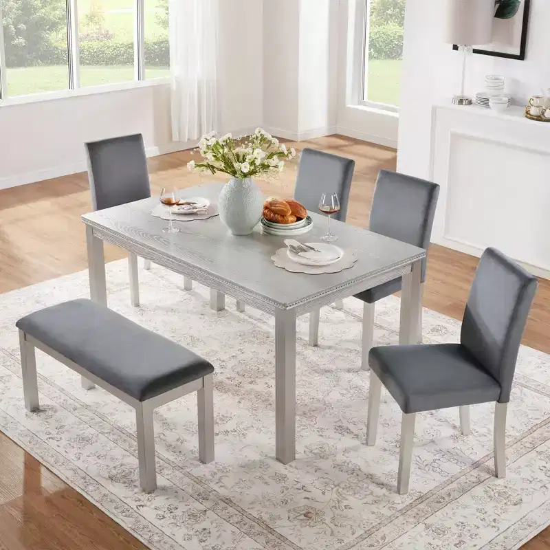 6 Piece Wooden Dining Table with 4 Upholstered Chairs and Bench for 6 People, Rectangular Dining Table Set with Crystal Decoration