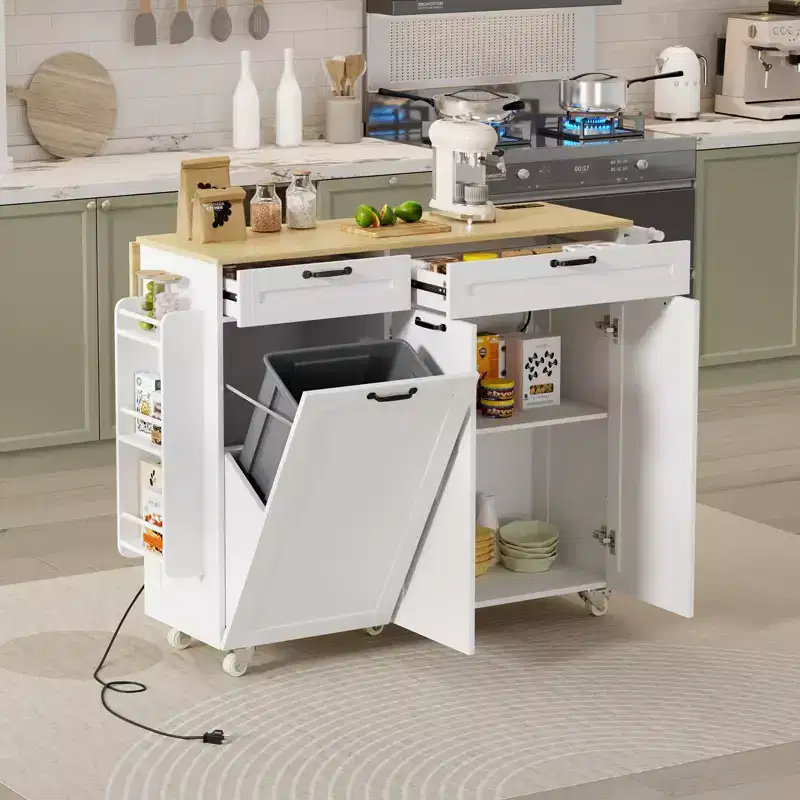Rolling Kitchen Island with Power Outlet & Drop Leaf, Kitchen Island Cart with Trash Storage Cabinet,Rolling Island Mobile Island Table for Kitchen