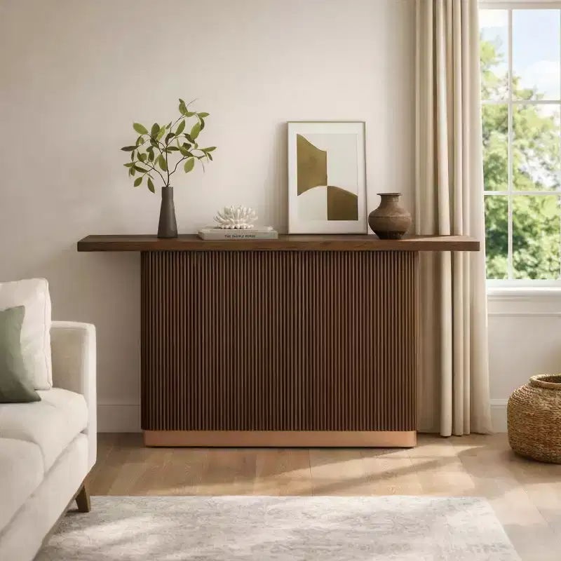 Console Table Entryway Table, Modern Hallway Table, Fluted Base with Metal Accent, Brown