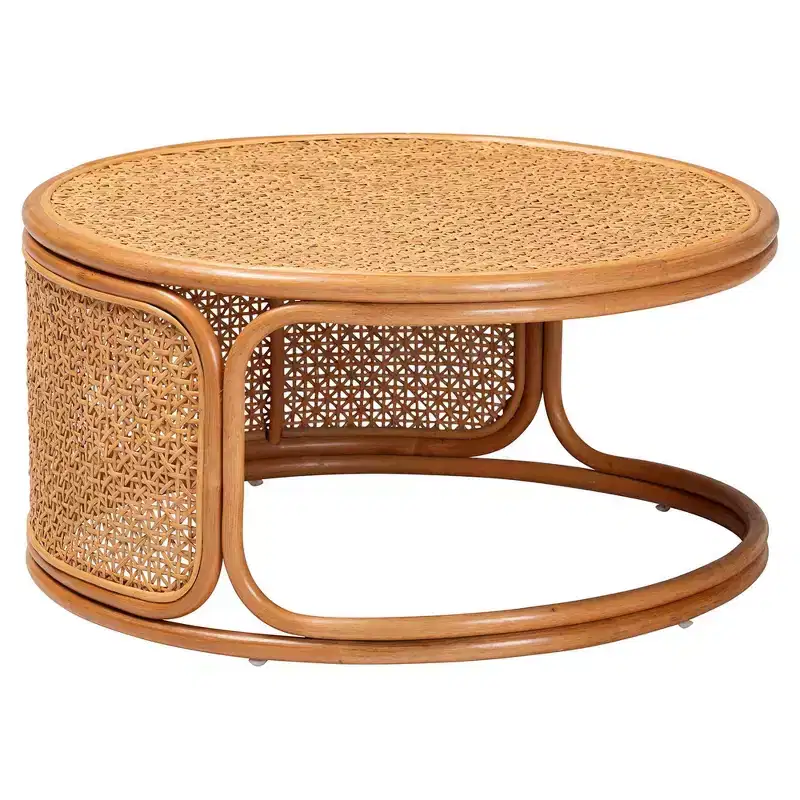 Rattan Coffee Table, Honey Finish, Natural Woven Design for Living Room