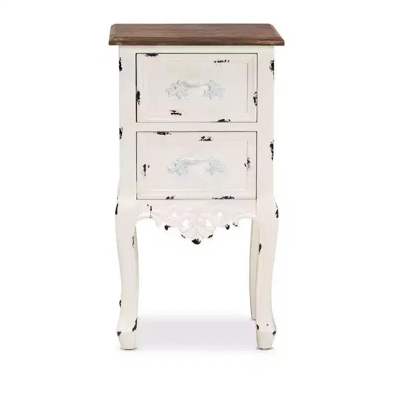 Levron Two-Tone and Antique Wood 2 Drawer Nightstand Walnut Brown/Antique White - Baxton Studio: Bedside Storage Table