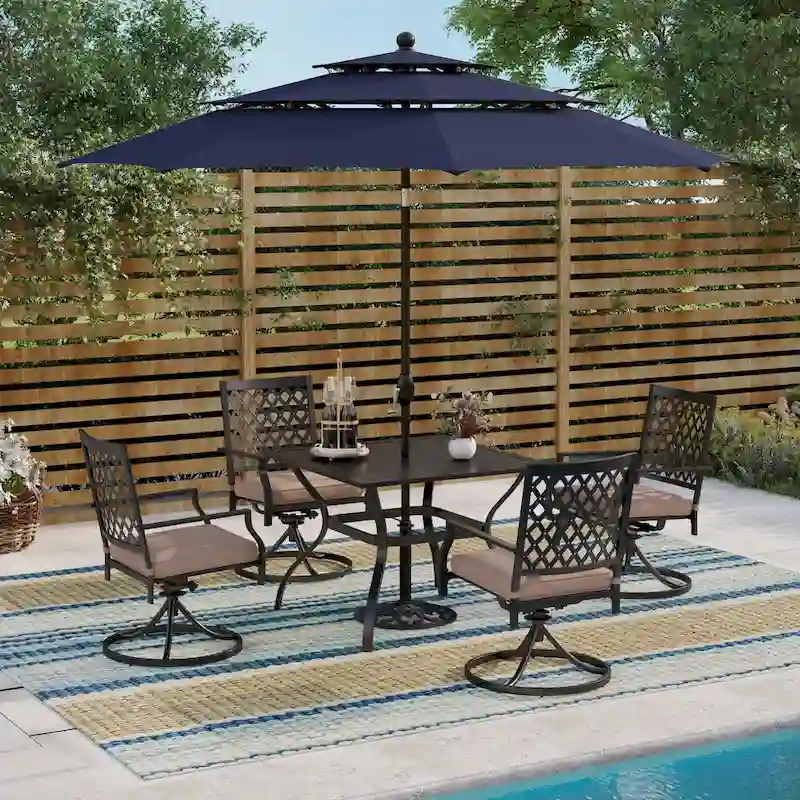 MAISON ARTS 6-Piece Metal Patio Dining Set: 4 Swivel Chairs, 1 Steel Frame Square 37 Table and 1x10ft 3-Tier Red Umbrella