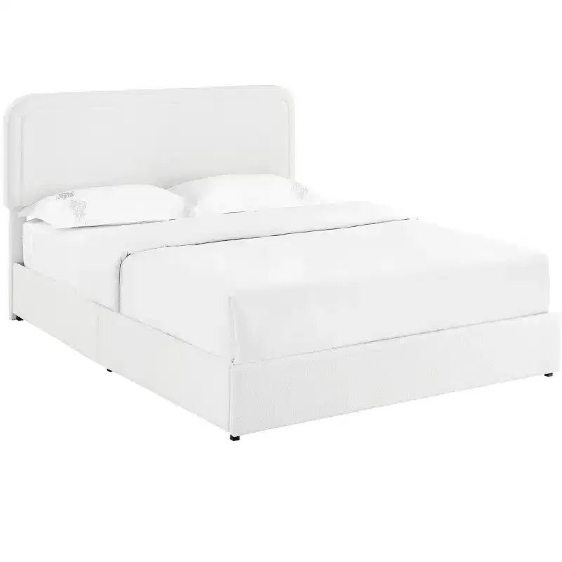 Ivory Boucle Wingback Queen Bed with Storage Drawers, 2-Person