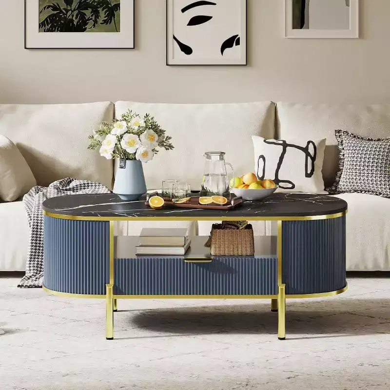 Acekool 48 Oval Coffee Table with Faux Marble Top, Gold Metal Legs, Fluted Wood Design & Storage Drawer, Modern Navy Blue Living Room Table