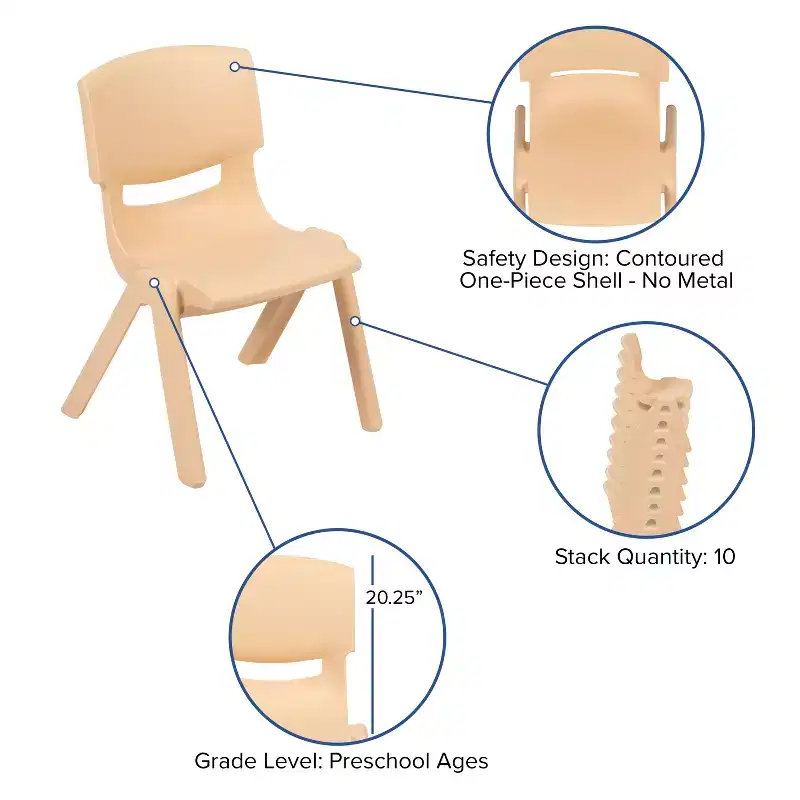 Emma and Oliver 25.125W x 35.5L Crescent Natural Plastic Adjustable Kids Table Set - 4 Chairs