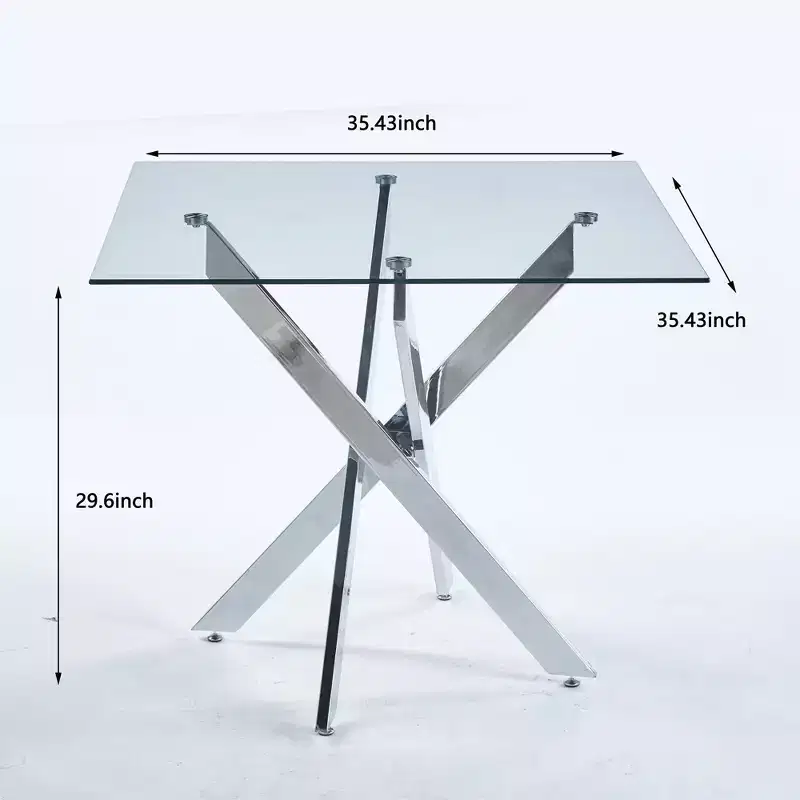Square Tempered Glass Dining Table with Gold Cross Metal Legs, Space-Saving, 90x90x75cm