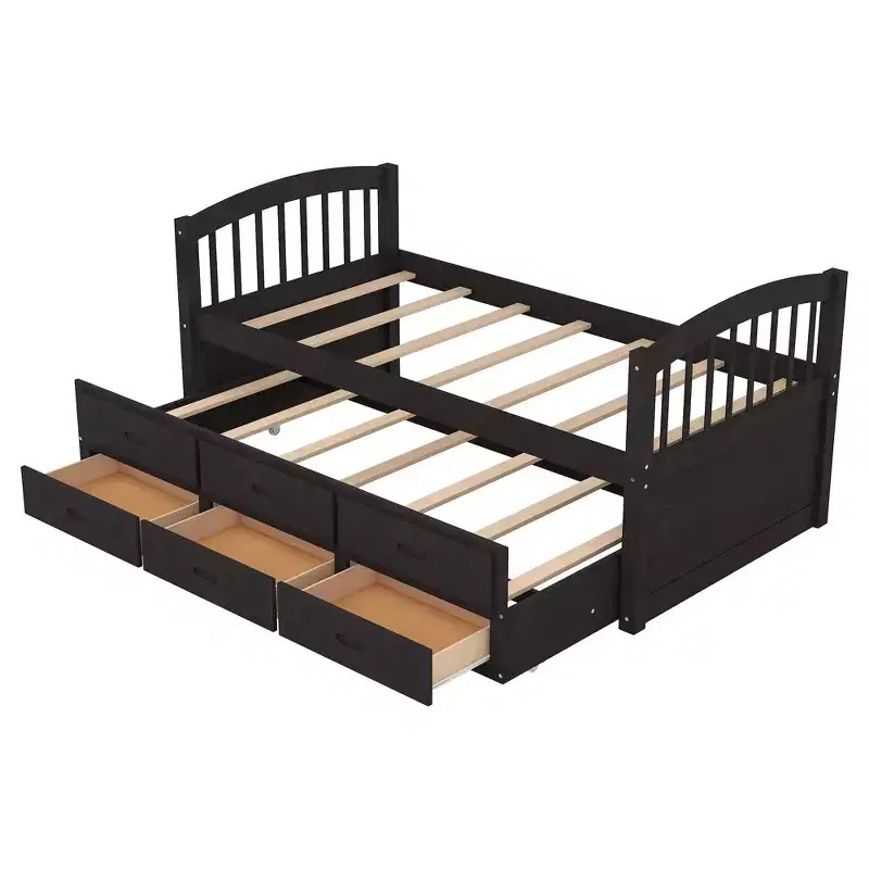 Twin over Twin Wood Bunk Bed with Ladder, Trundle & 3 Drawers – 400 lbs