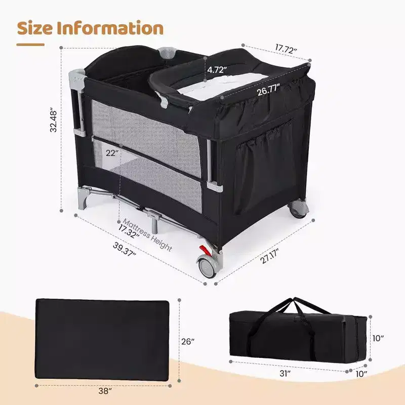 Karl Home 5 In 1 Baby Bedside Crib Sleeper in Black With Diaper Changing Table