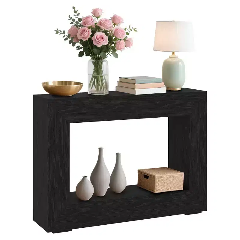 Country farmhouse style entryway table with storage shelves  narrow and rectangular, suitable for living rooms, hallways, foyer, and behind sofas.