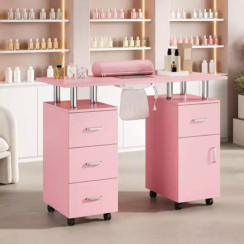 Manicure Table Nail Desk with Electric Dust Collector, 4 Drawers and Cabinet Storage, Lockable Wheels, White