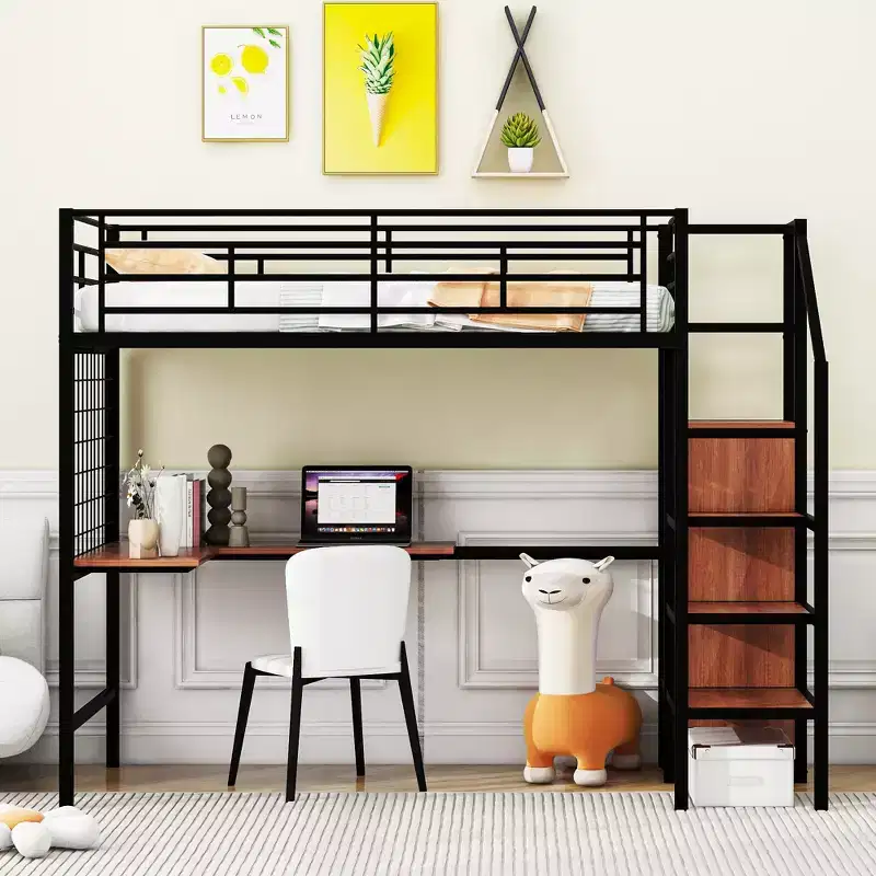Twin Size Metal Loft Bed with Desk and Metal Grid, Stylish Metal Frame Bed with Storage Ladder and Wardrobe - ModernLuxe