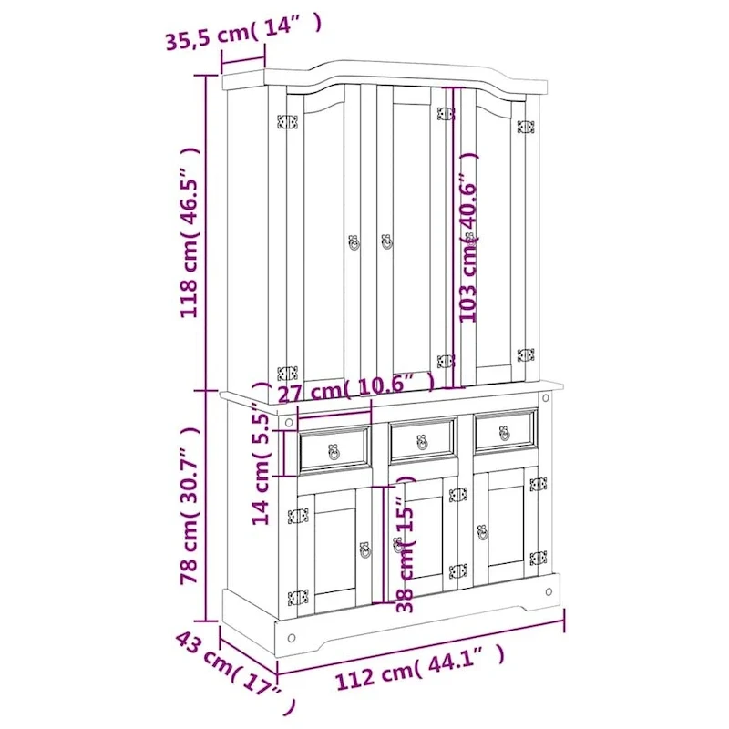 Highboard, 44.1x17x77.2 Inches, White and Natural Finish Top