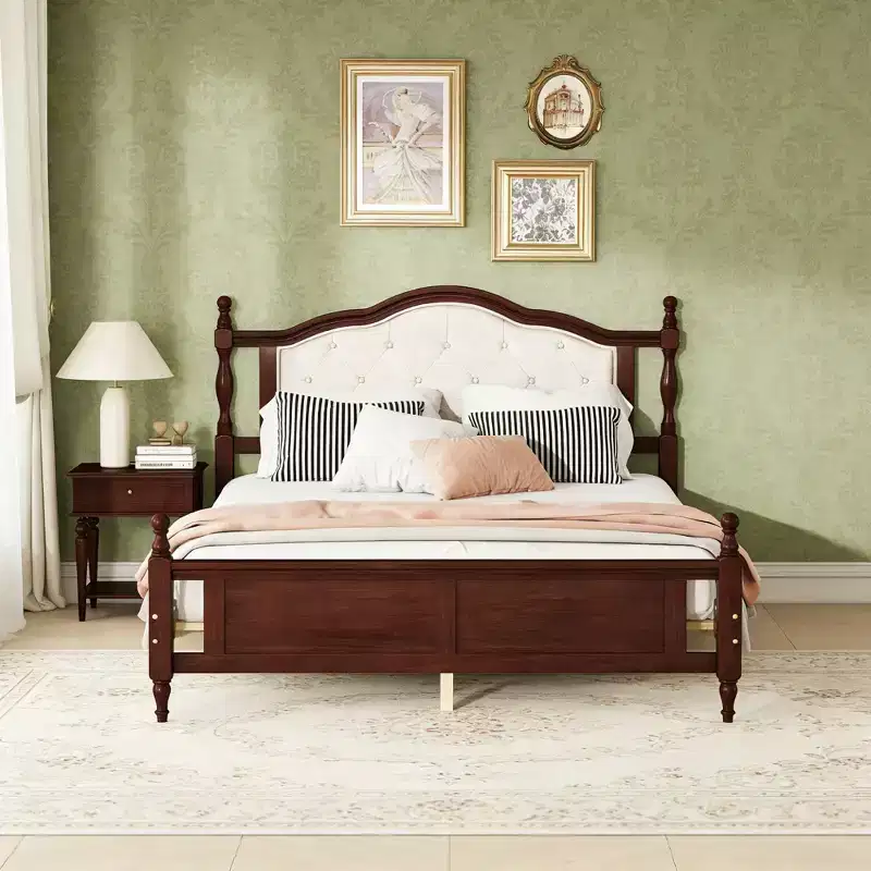 Queen Size Vintage Platform Bed with Upholstered Headboard and Panel Footboard