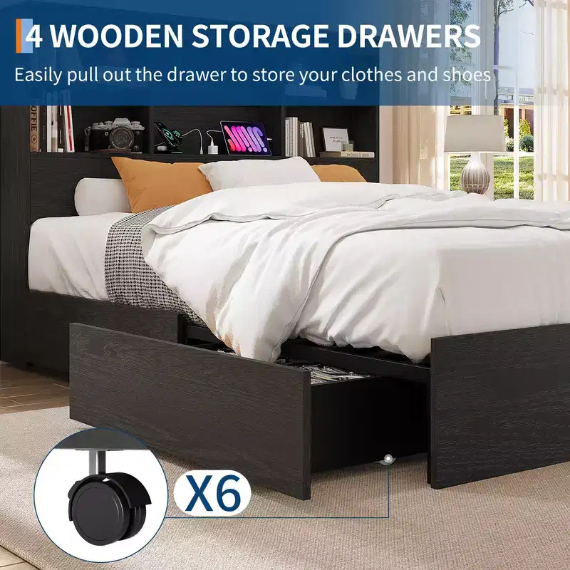 Bed Frame with Bookcase Headboard, 4 Drawers & Built-in Charging Station – No Box Spring Needed