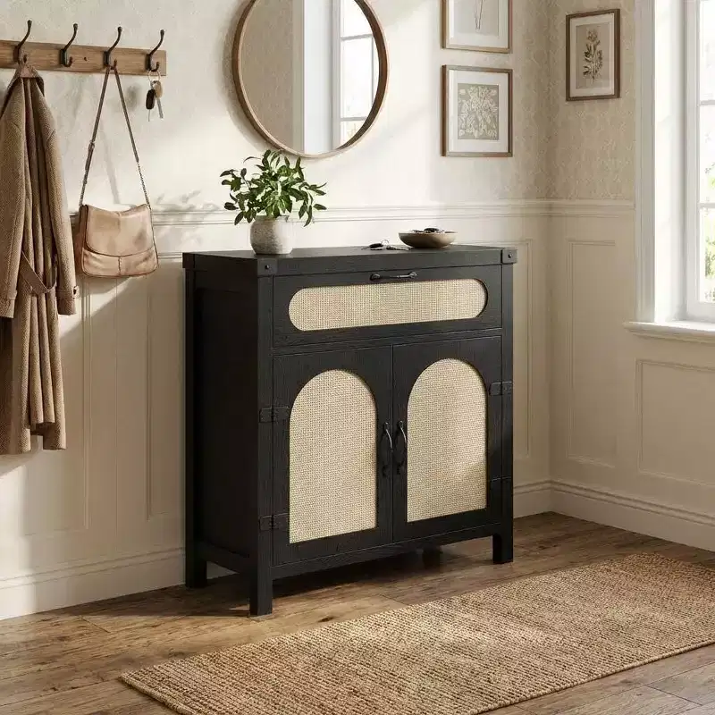 Buffet Cabinet, 30 Rattan Sideboard with Storage, Small Farmhouse Buffet Table with Adjustable Shelf & Drawer, Black