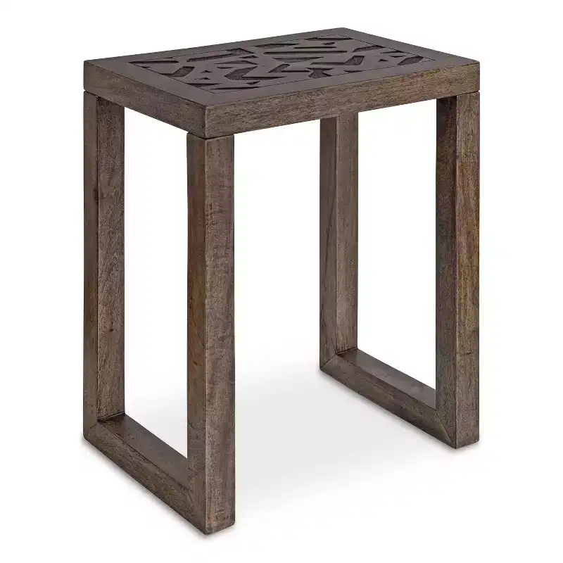 Boho-Chic Engraved Solid Mango Wood Side Table, 20x14x26, Gray Wash