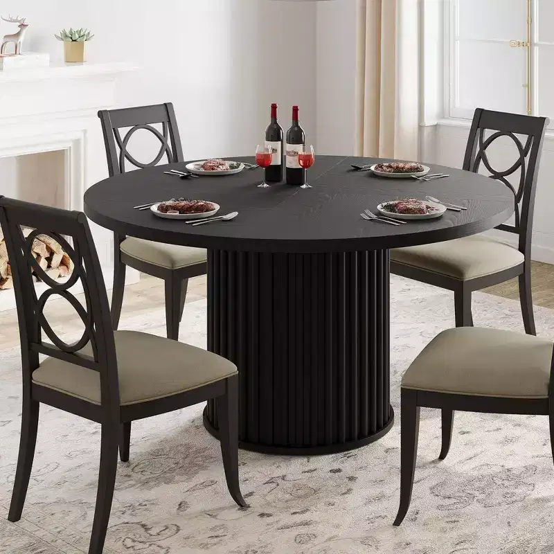 47 Industrial Round Dining Table, Black Kitchen Table for 4-6 with Waveform Metal Pedestal Base, Modern Circular Table for Dining Room