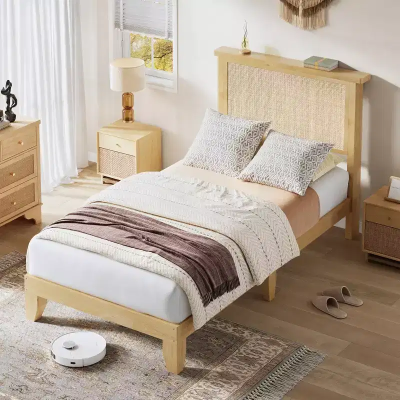 Rattan Bed Frame,Natural Storage Headboard with Lights, Wooden Support Legs & Silent Slats, No Box Spring, Noise-Free, Easy Assembly