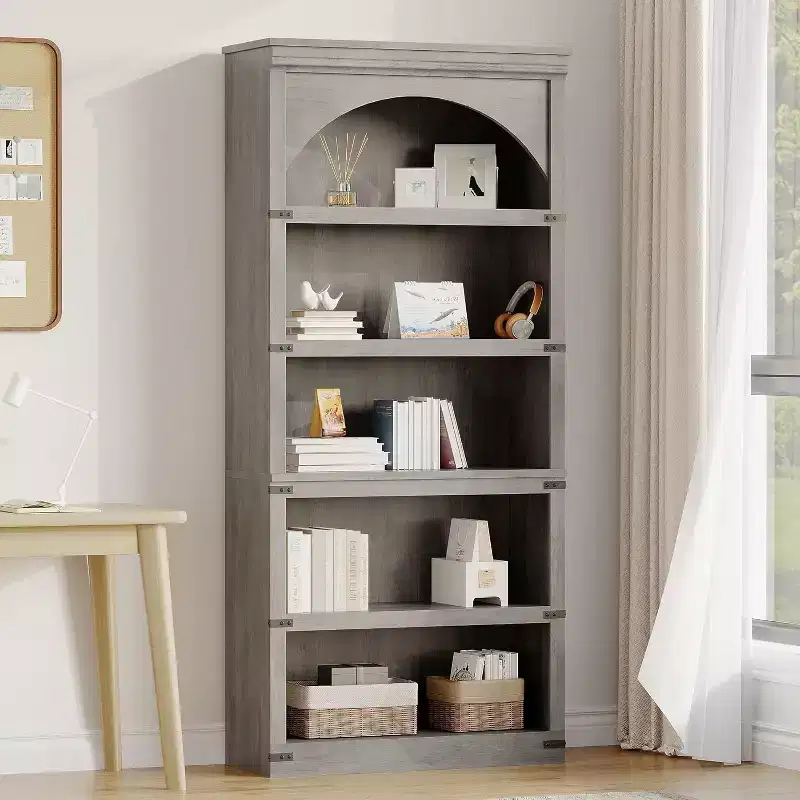 68.7 Tall Arched Bookshelf Bookcase with Storage,5-Tier Farmhouse Book Shelf,Wooden Bookshelves for Home Office, Living Room