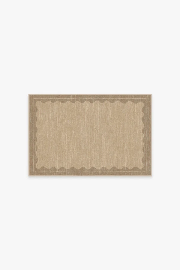 Modern Minimalist Flatwoven Rug with Washable Tan Scallop Frame Hand-Knotted Look for Bedroom & Living Room
