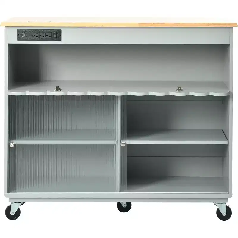 Acekool Rolling Kitchen Island with Sliding Fluted Glass Doors, Ambient Glow, Rubberwood Countertop, Power Outlets, Gray Blue