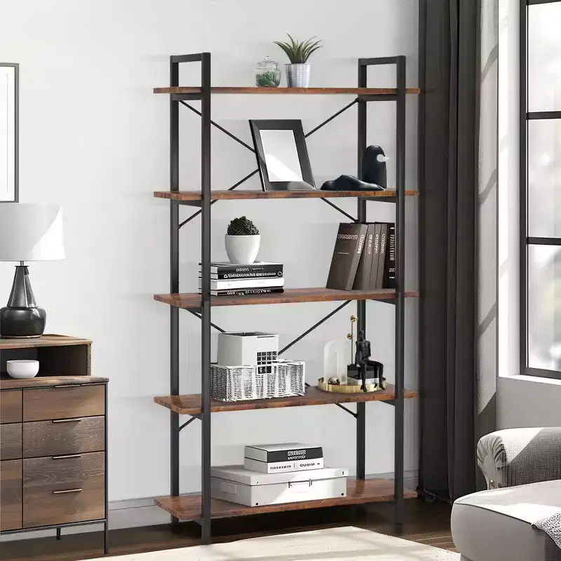 TUYOHW 5-Tier Industrial Bookshelf,Brown Metal Etagere Display Shelf - Open Bookcase for Living Room,Office,Storage & Decor