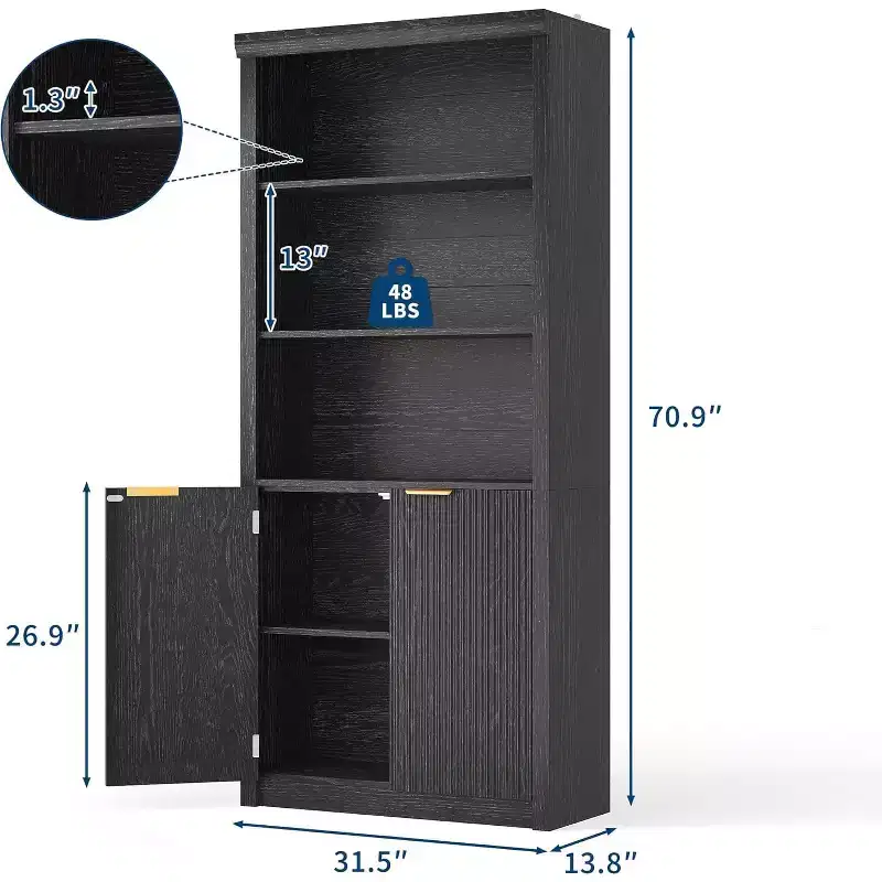 5-Shelf Bookcase with Doors, 71 Storage Bookshelf, Adjustable Shelves for Living Room or Office