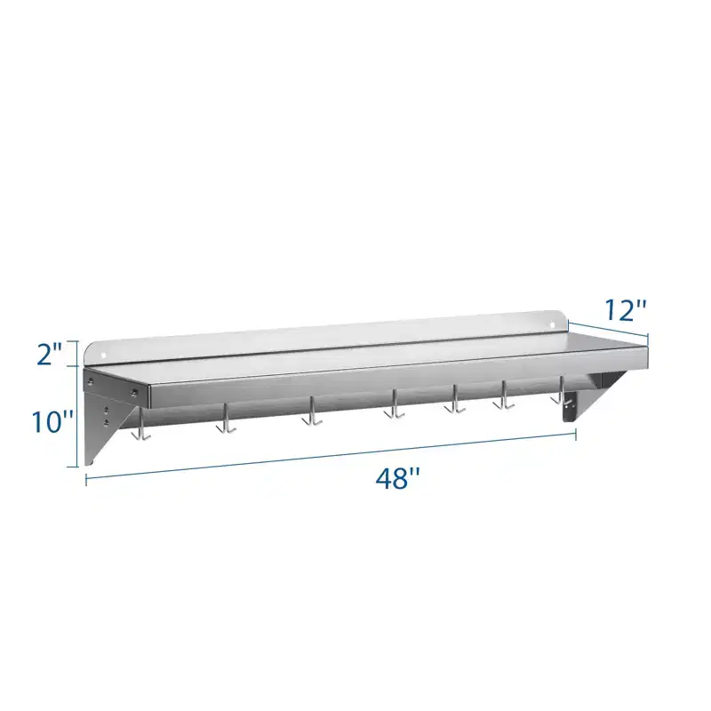 Floating Shelf with Backsplash and Hooks, Stainless Steel Wall Rack for Kitchen Organization, NSF Certified