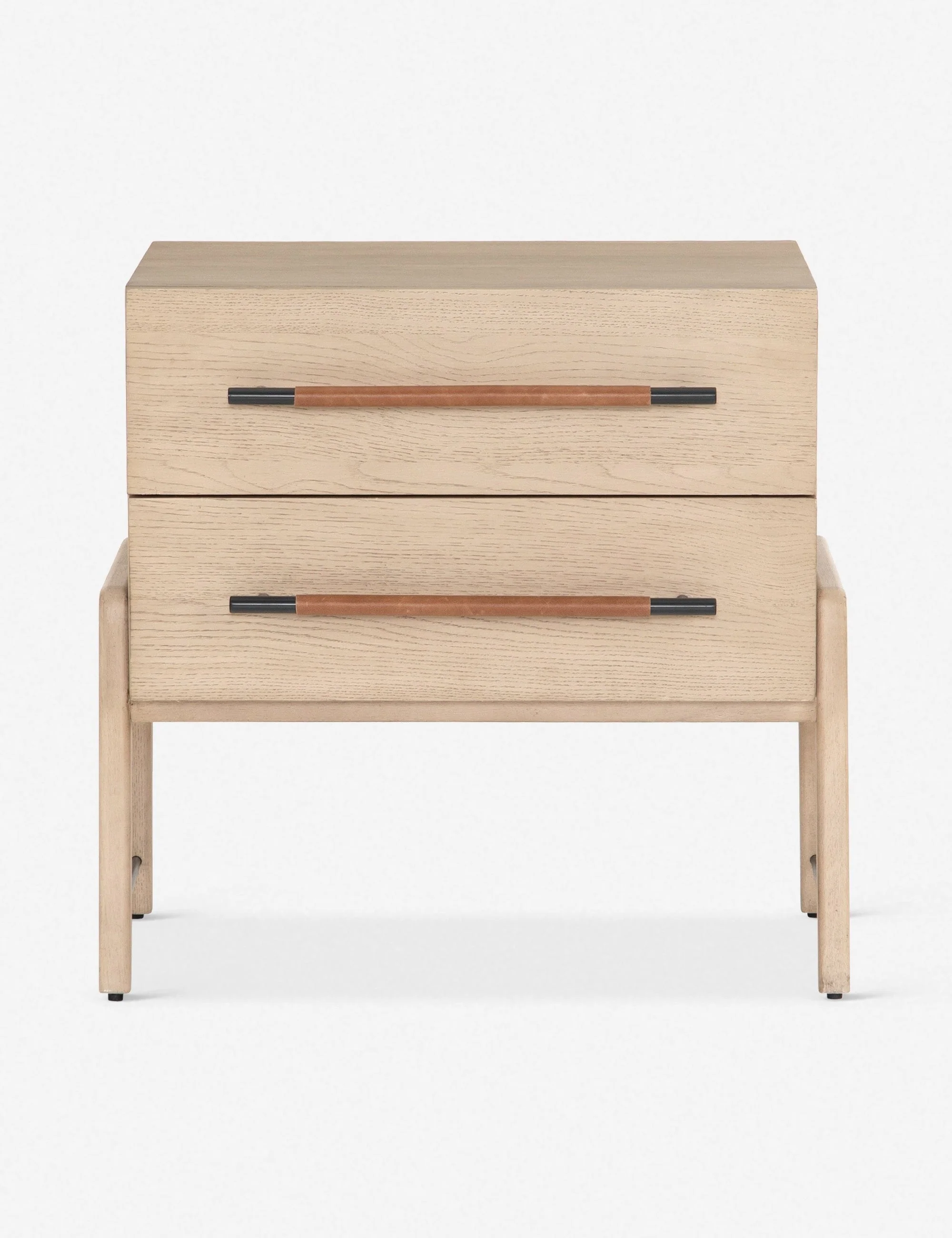 Nightstand With its clean lines, sandy finish, and leather accents, this nightstand brings a refined, minimalist effect to your bedroom
