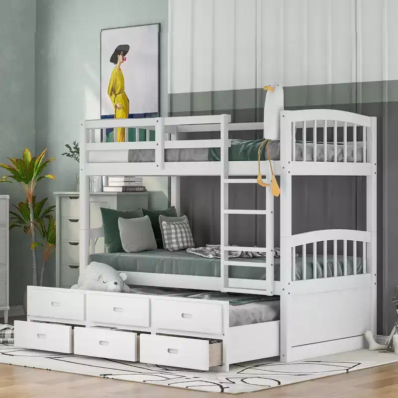 Wood Twin over Twin Bunk Bed with Ladder, Trundle & Drawers